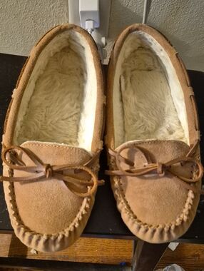 Chestnut Suede Moccasin Slippers with Faux Shearling Lining